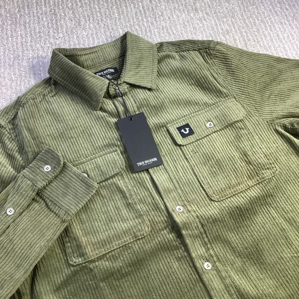 True Religion Mens LS Curve PKT TN Corduroy Workwear Shirt Kalamata Size M NWT